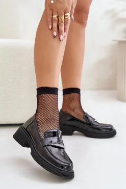 Lakierowane Mokasyny Loafersy Damskie Z Ozdobą D&A LZ42-031 Czarne