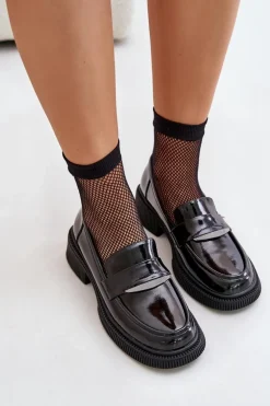 Lakierowane Mokasyny Loafersy Damskie Z Ozdobą D&A LZ42-031 Czarne