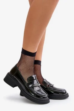 Lakierowane Mokasyny Loafersy Damskie Z Ozdobą D&A LZ42-031 Czarne