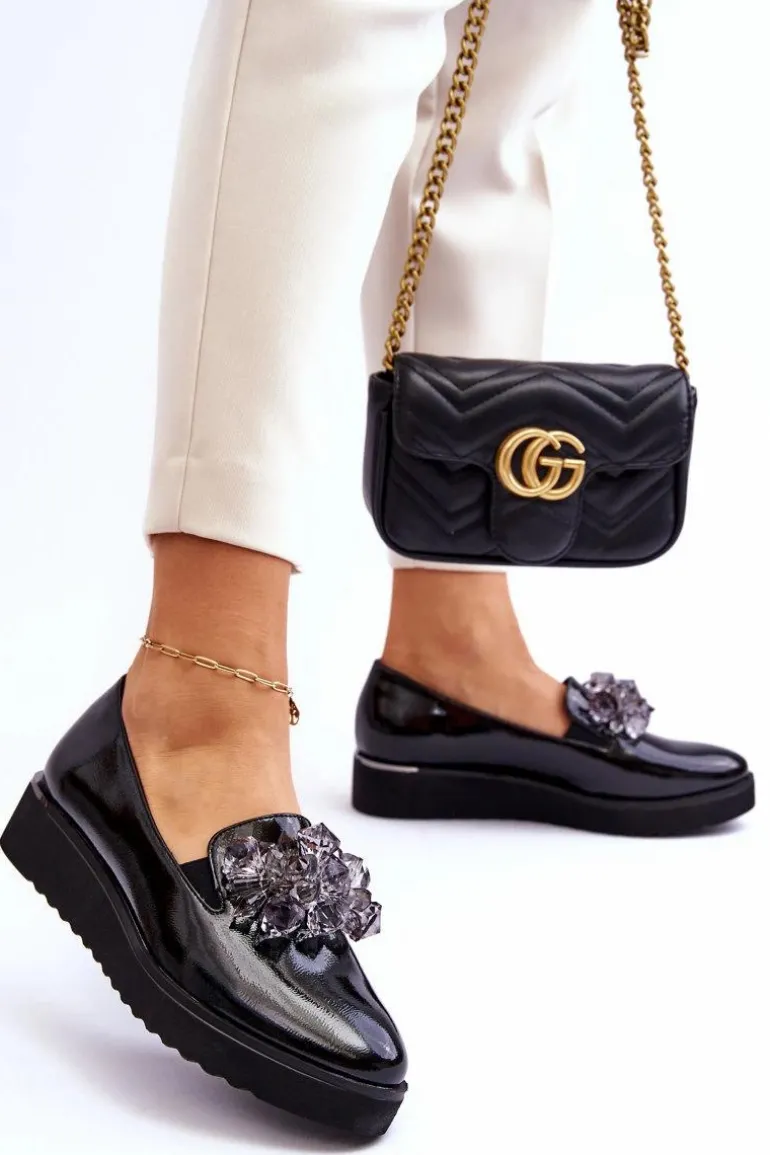 Lakierowane Mokasyny Na Koturnie Z Kryształkami Czarne Loresa