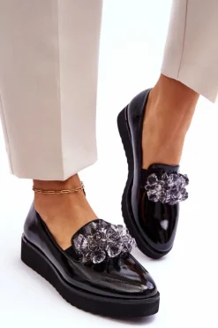 Lakierowane Mokasyny Na Koturnie Z Kryształkami Czarne Loresa