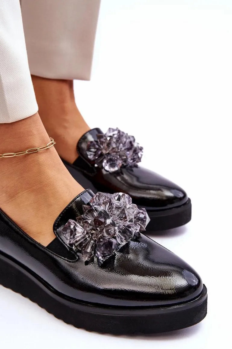 Lakierowane Mokasyny Na Koturnie Z Kryształkami Czarne Loresa