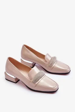 Lakierowane Mokasyny Na Obcasie Z Cyrkoniami Beżowe Lavern