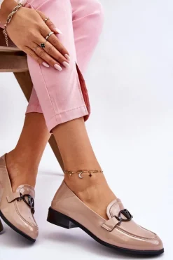 Lakierowane Mokasyny Na Płaskim Obcasie Beżowe Marra