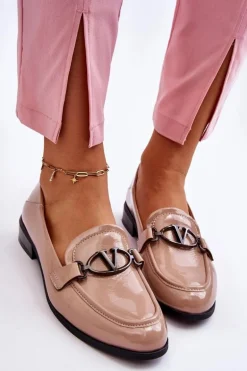 Lakierowane Mokasyny Na Płaskim Obcasie Beżowe Marra