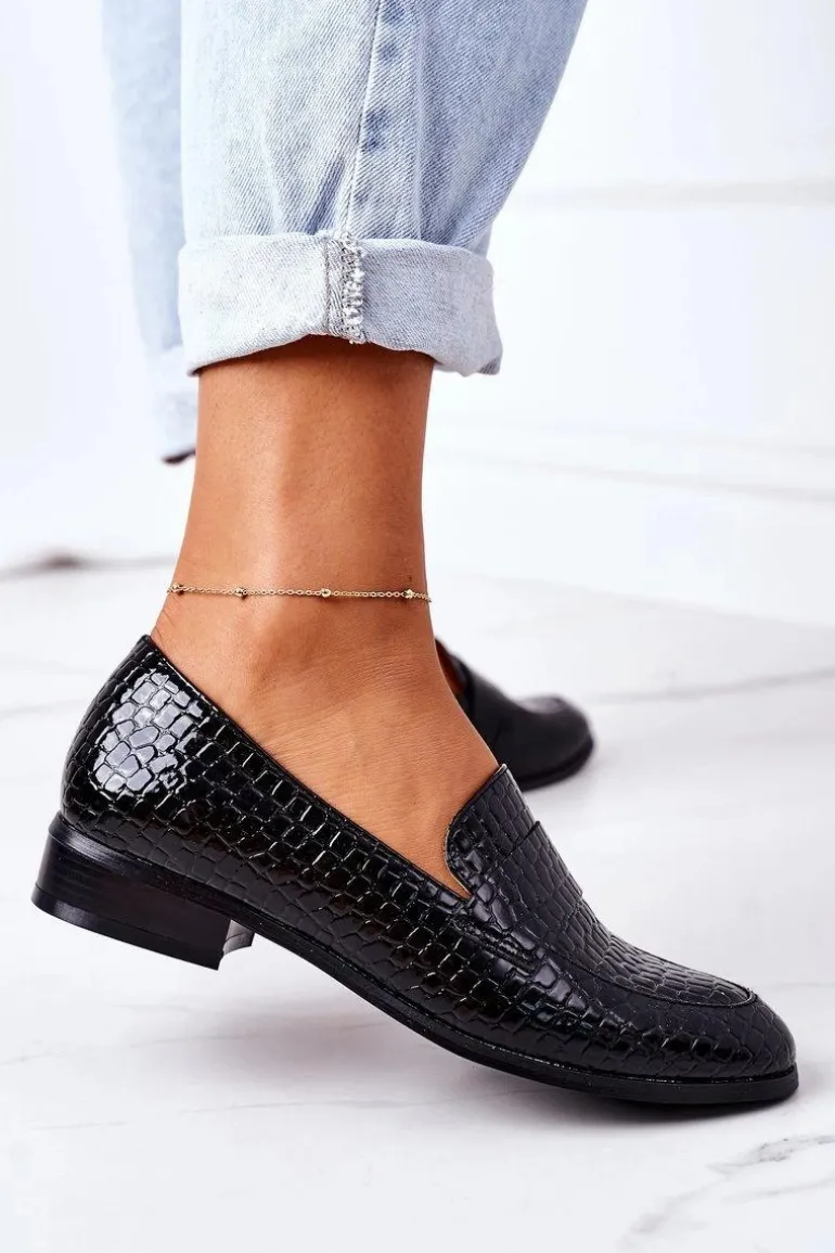 Lakierowane Mokasyny W Zwierzęcy Wzór Czarne Lenie