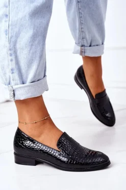 Lakierowane Mokasyny W Zwierzęcy Wzór Czarne Lenie
