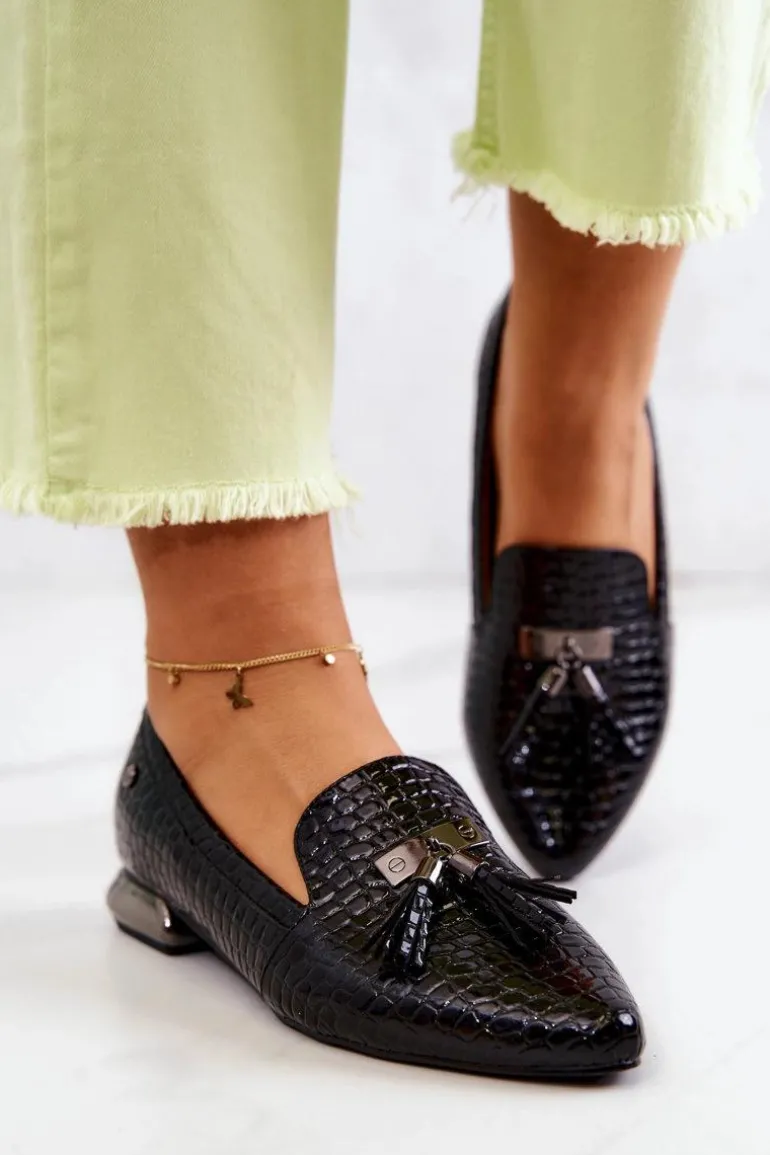 Lakierowane Mokasyny Wzór Krokodyl Z Frędzlami Czarne Pharell