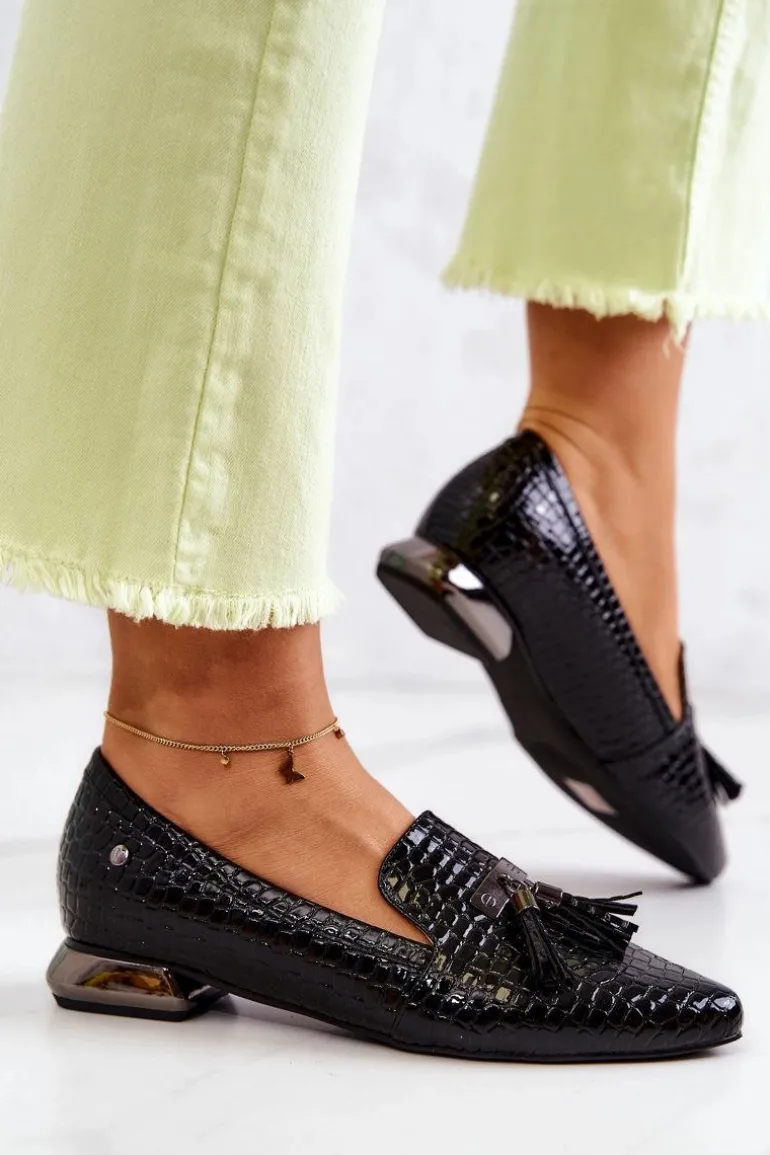 Lakierowane Mokasyny Wzór Krokodyl Z Frędzlami Czarne Pharell