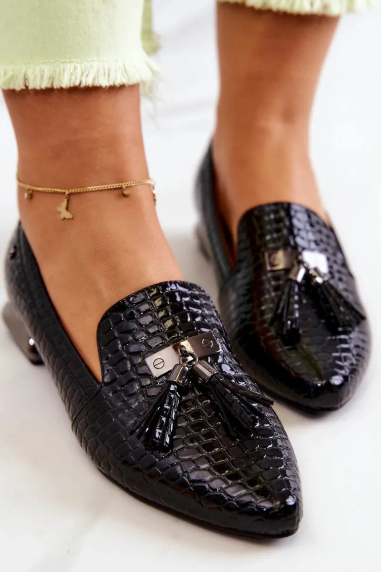 Lakierowane Mokasyny Wzór Krokodyl Z Frędzlami Czarne Pharell
