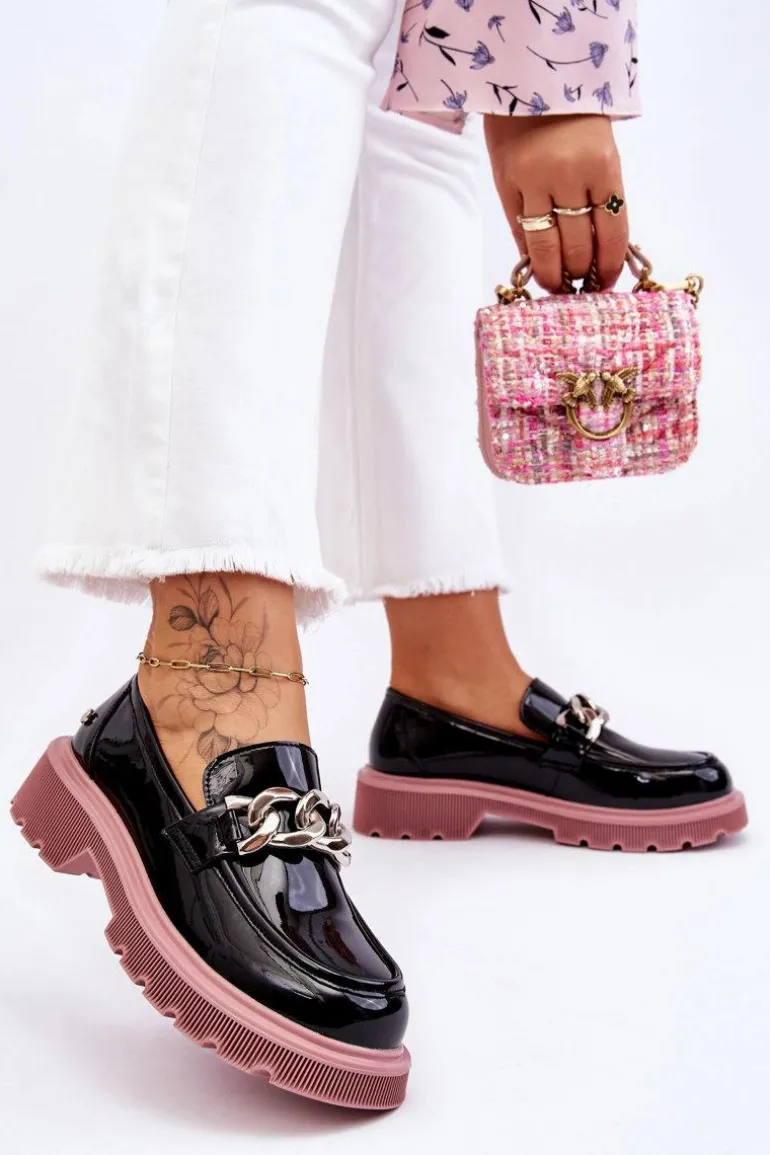 Lakierowane Mokasyny Z Łańcuchem GOE LL2N4039 Czarno-Fioletowe