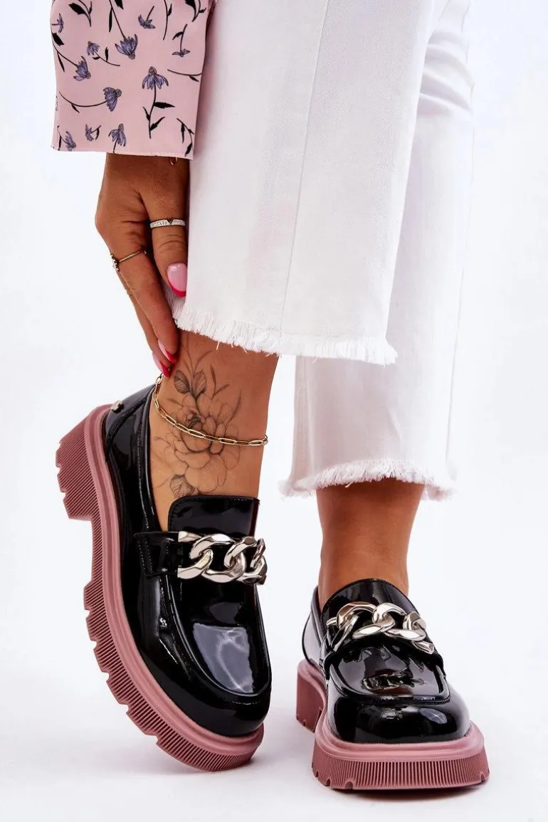 Lakierowane Mokasyny Z Łańcuchem GOE LL2N4039 Czarno-Fioletowe