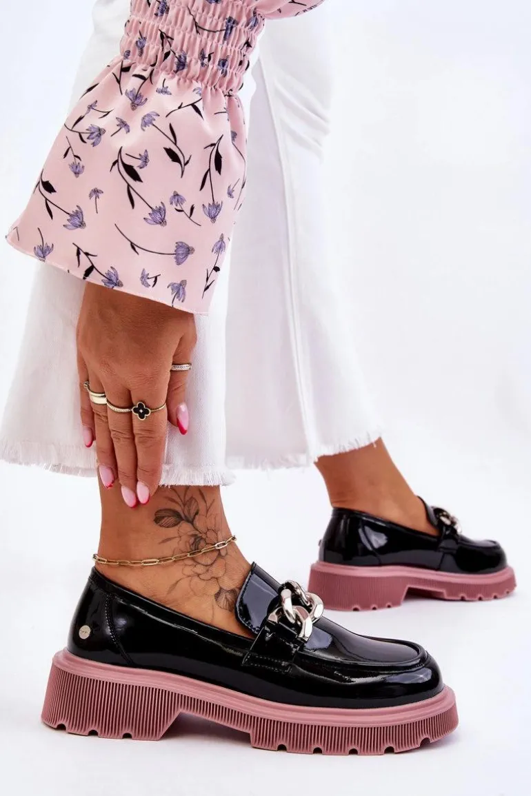 Lakierowane Mokasyny Z Łańcuchem GOE LL2N4039 Czarno-Fioletowe