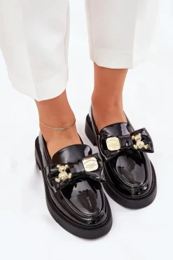 Lakierowane Mokasyny Z Kokardą I Ozdobną Broszką Czarne Leandriel