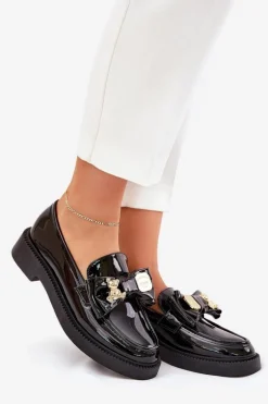 Lakierowane Mokasyny Z Kokardą I Ozdobną Broszką Czarne Leandriel