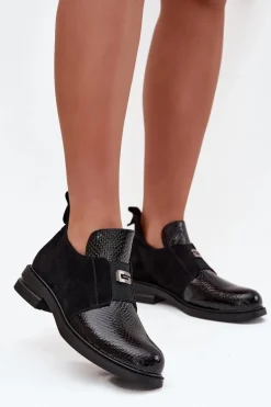 Lakierowane Niskie Botki Damskie Na Obcasie Ocieplane Vinceza 58560 Czarne