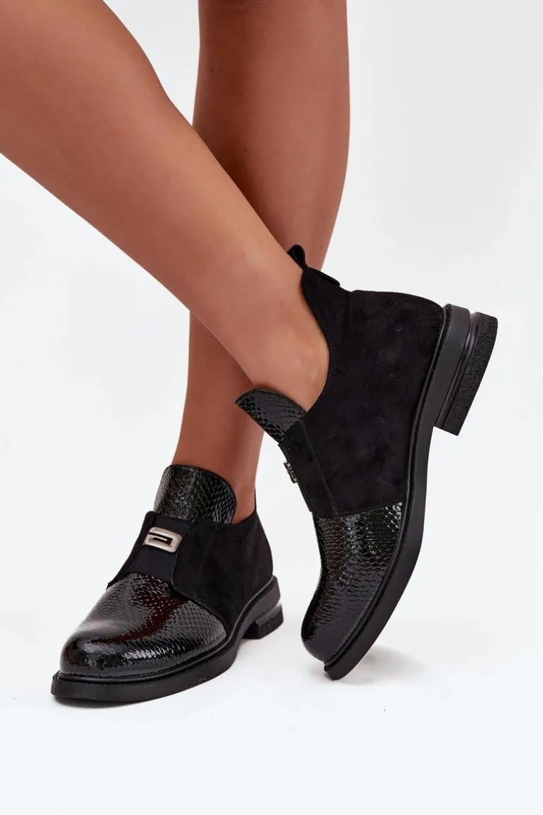 Lakierowane Niskie Botki Damskie Na Obcasie Ocieplane Vinceza 58560 Czarne