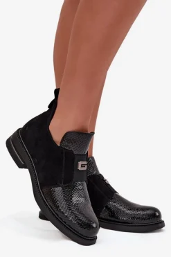 Lakierowane Niskie Botki Damskie Na Obcasie Ocieplane Vinceza 58560 Czarne