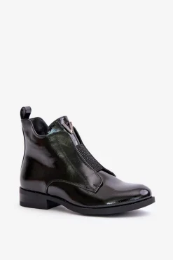 Lakierowane Niskie Botki Damskie Na Płaskim Obcasie Ocieplane Czarne S.Barski HY42-120 Czarne