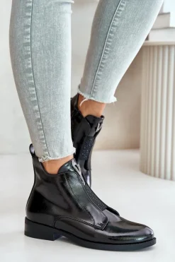 Lakierowane Niskie Botki Damskie Na Płaskim Obcasie Ocieplane Czarne S.Barski HY42-120 Czarne