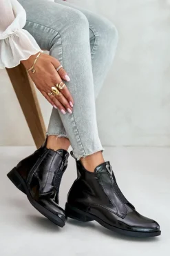 Lakierowane Niskie Botki Damskie Na Płaskim Obcasie Ocieplane Czarne S.Barski HY42-120 Czarne