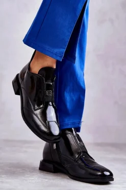 Lakierowane Niskie Botki Na Suwak Czarne Bettina