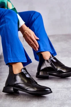 Lakierowane Niskie Botki Na Suwak Czarne Bettina