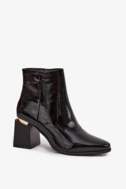 Lakierowane Ocieplane Botki Damskie Na Słupku Z Eko Skóry Czarne Brivelle