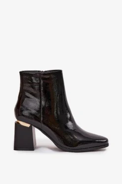Lakierowane Ocieplane Botki Damskie Na Słupku Z Eko Skóry Czarne Brivelle