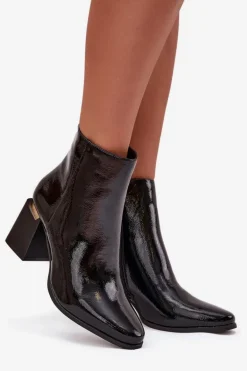 Lakierowane Ocieplane Botki Damskie Na Słupku Z Eko Skóry Czarne Brivelle