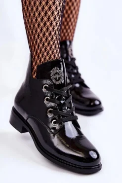 Lakierowane Ocieplane Botki Sznurowane Czarne Enrica