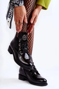 Lakierowane Ocieplane Botki Sznurowane Czarne Enrica