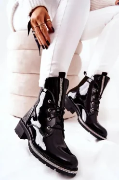 Lakierowane Ocieplane Botki Czarne Grecia