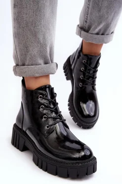 Lakierowane Ocieplane Botki Sznurowane Czarne Bjorg