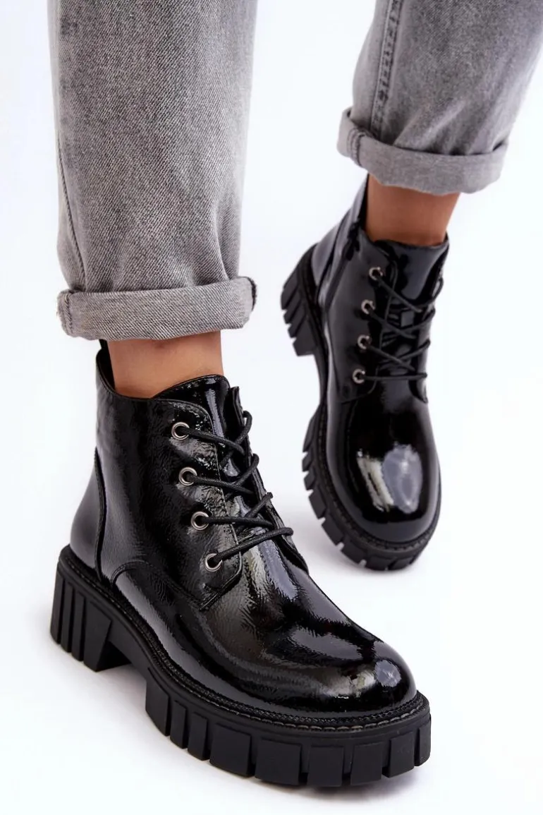 Lakierowane Ocieplane Botki Sznurowane Czarne Bjorg