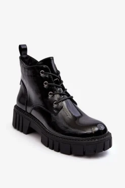 Lakierowane Ocieplane Botki Sznurowane Czarne Bjorg