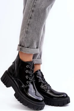 Lakierowane Ocieplane Botki Sznurowane Czarne Bjorg