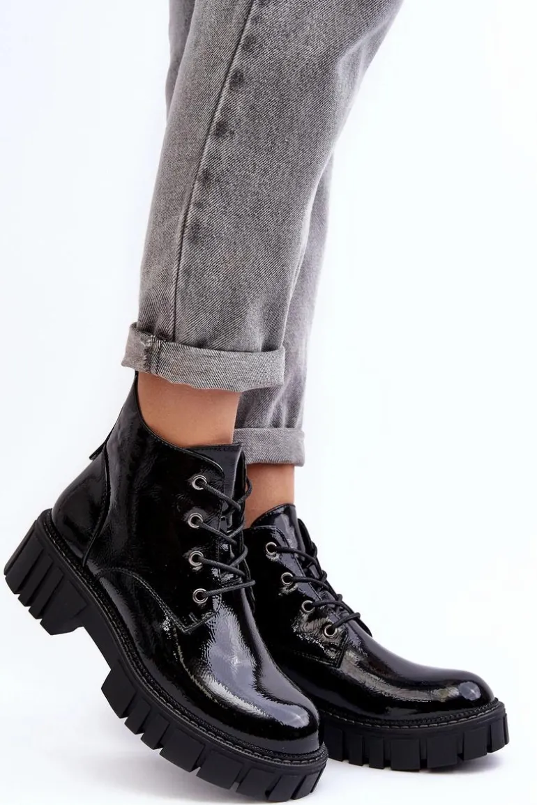 Lakierowane Ocieplane Botki Sznurowane Czarne Bjorg
