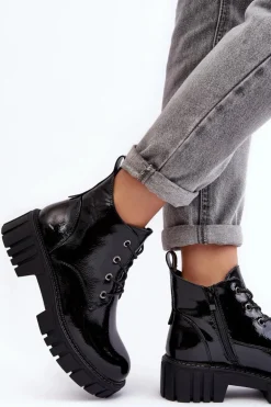 Lakierowane Ocieplane Botki Sznurowane Czarne Bjorg