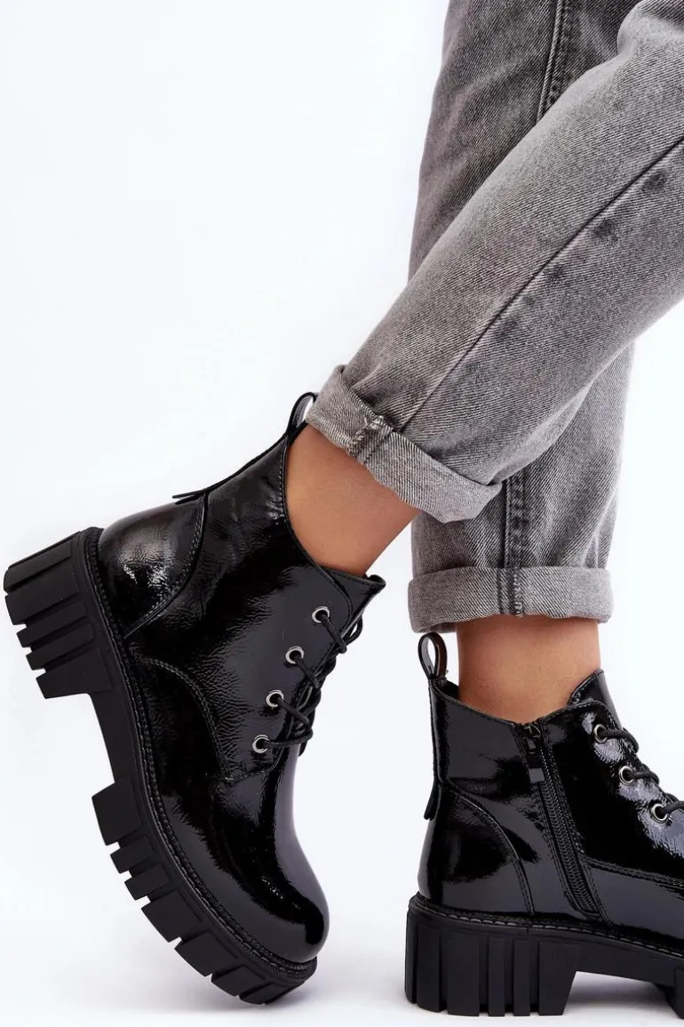 Lakierowane Ocieplane Botki Sznurowane Czarne Bjorg