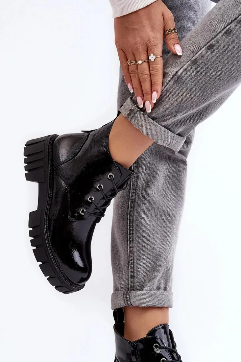 Lakierowane Ocieplane Botki Sznurowane Czarne Bjorg