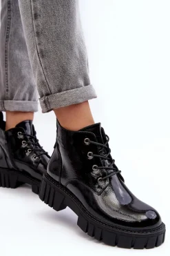 Lakierowane Ocieplane Botki Sznurowane Czarne Bjorg