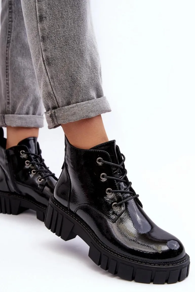 Lakierowane Ocieplane Botki Sznurowane Czarne Bjorg