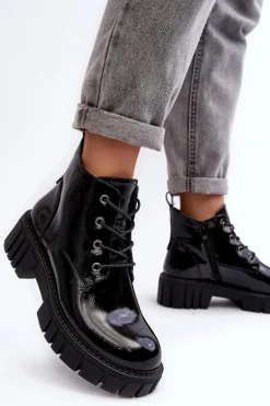Lakierowane Ocieplane Botki Sznurowane Czarne Bjorg