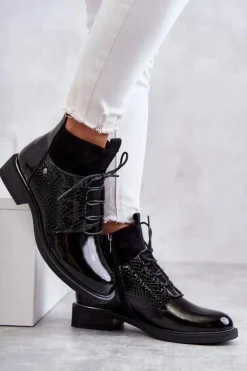 Lakierowane Ocieplane Botki Sznurowane Czarne Cathrine