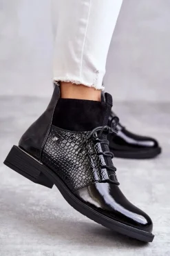 Lakierowane Ocieplane Botki Sznurowane Czarne Cathrine