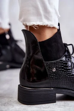 Lakierowane Ocieplane Botki Sznurowane Czarne Cathrine