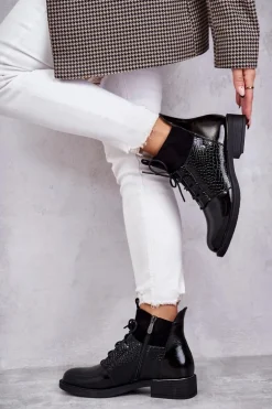 Lakierowane Ocieplane Botki Sznurowane Czarne Cathrine