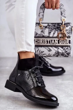 Lakierowane Ocieplane Botki Sznurowane Czarne Cathrine