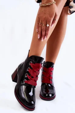 Lakierowane Ocieplane Botki Sznurowane Czarne Tove